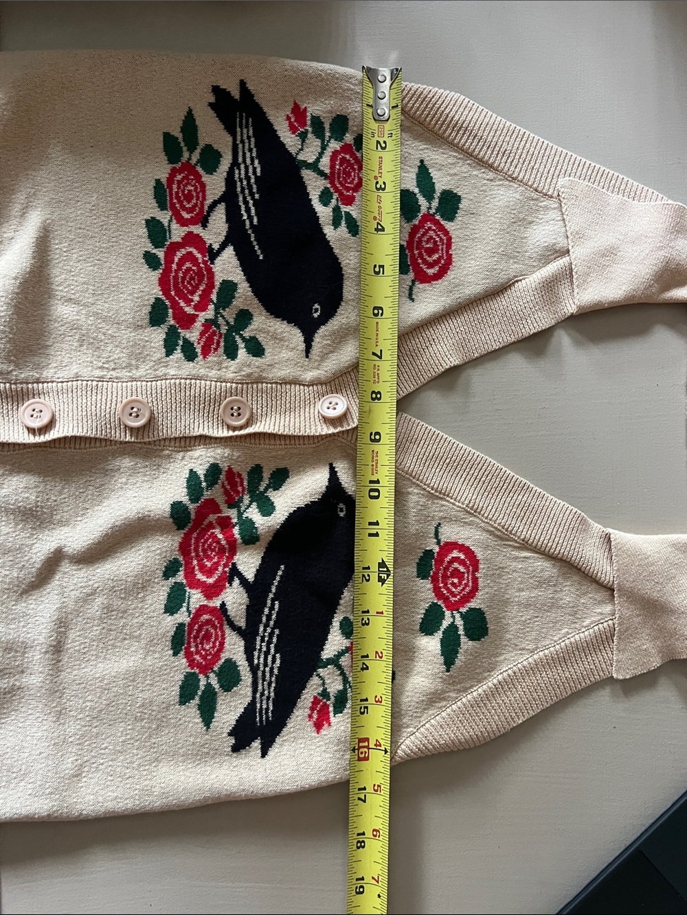 OxKnit Vintage-Inspired Cream Knit Button-Up Sweater Vest with Rose & Bird Motif - Picture 4 of 6